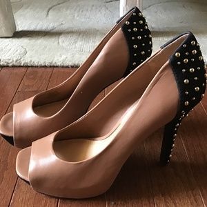4+ inch multi color open toe stilettos with studded back